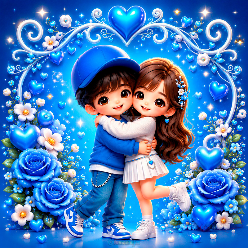 Pareja entre Corazones y Rosas Azules