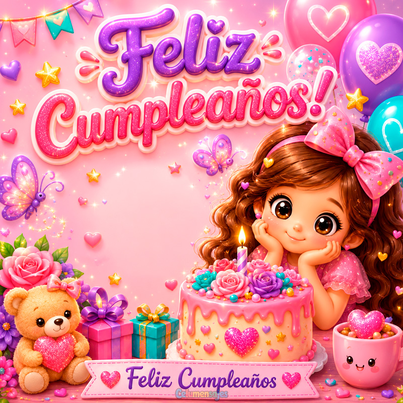 Niña con Pastel y Regalos de Cumpleaños