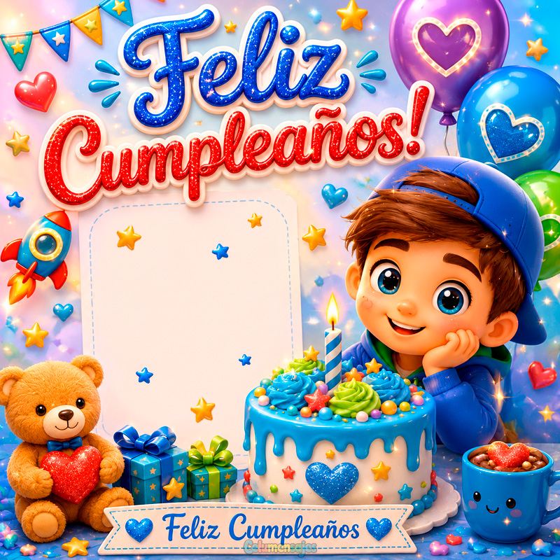 Niño con Pastel y Regalos de Cumpleaños