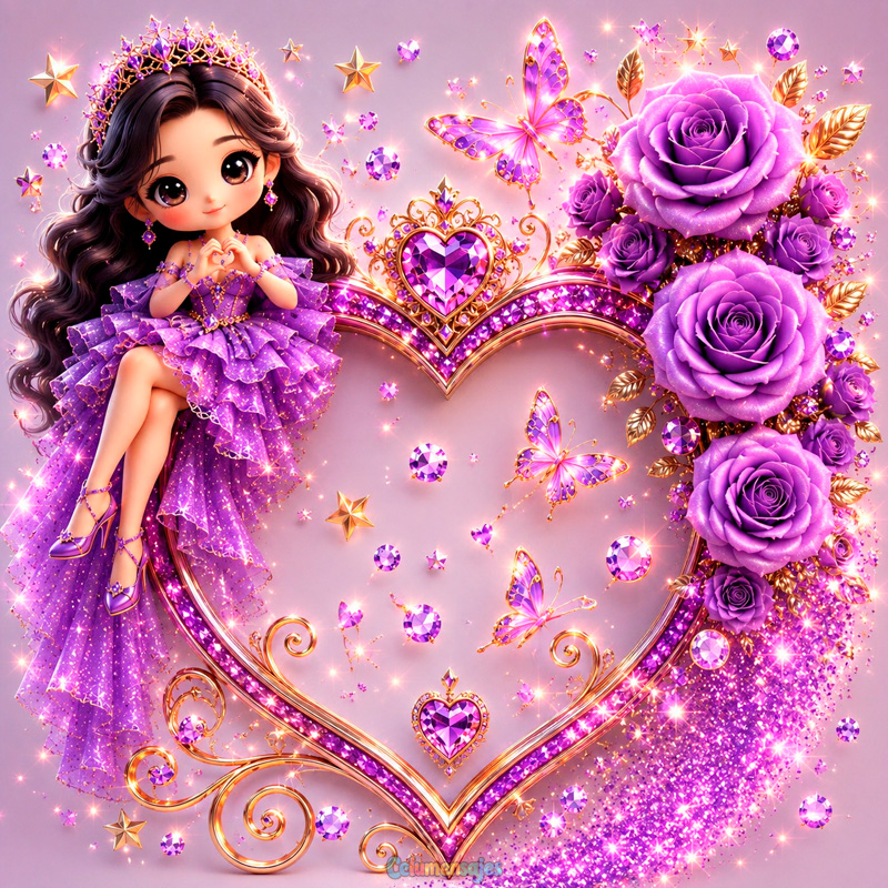 Muñeca Princesa con Corazón y Rosas Moradas