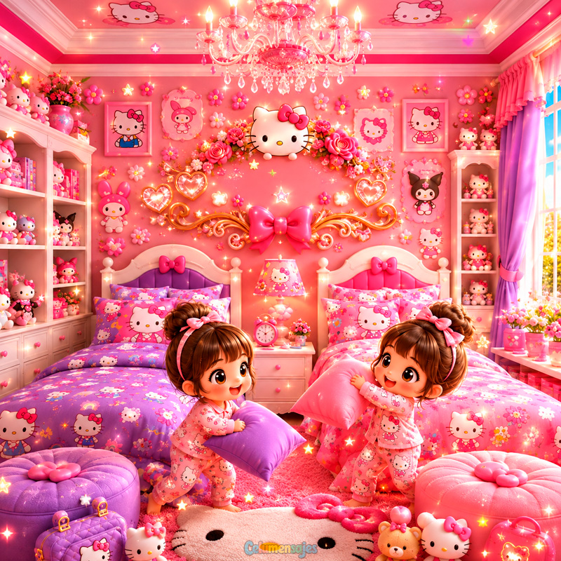 Dos Muñecas en Habitación Rosa de Gatitos
