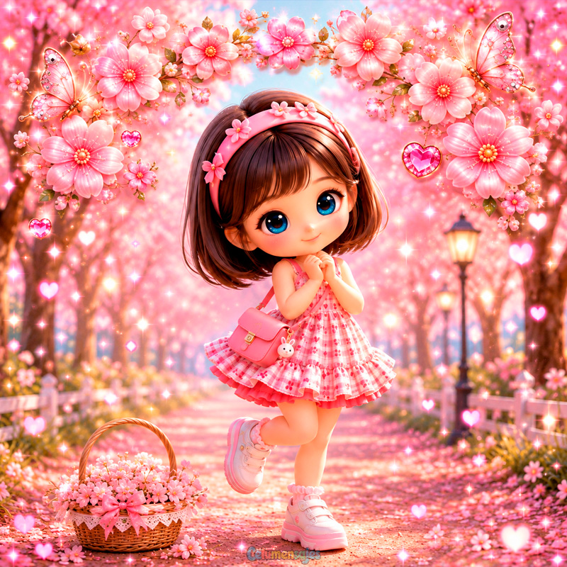 Muñeca en Jardín de Flores Rosas