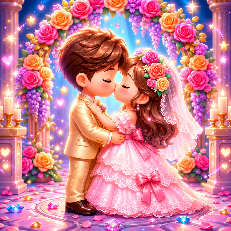 Pareja de Novios bajo Arco de Flores