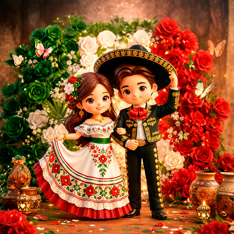 Pareja Mexicana con Flores Tricolor