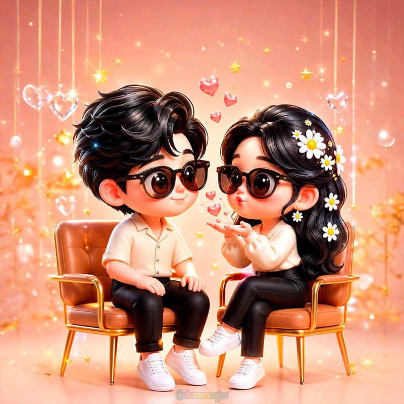 Pareja Kawaii con Gafas y Corazones