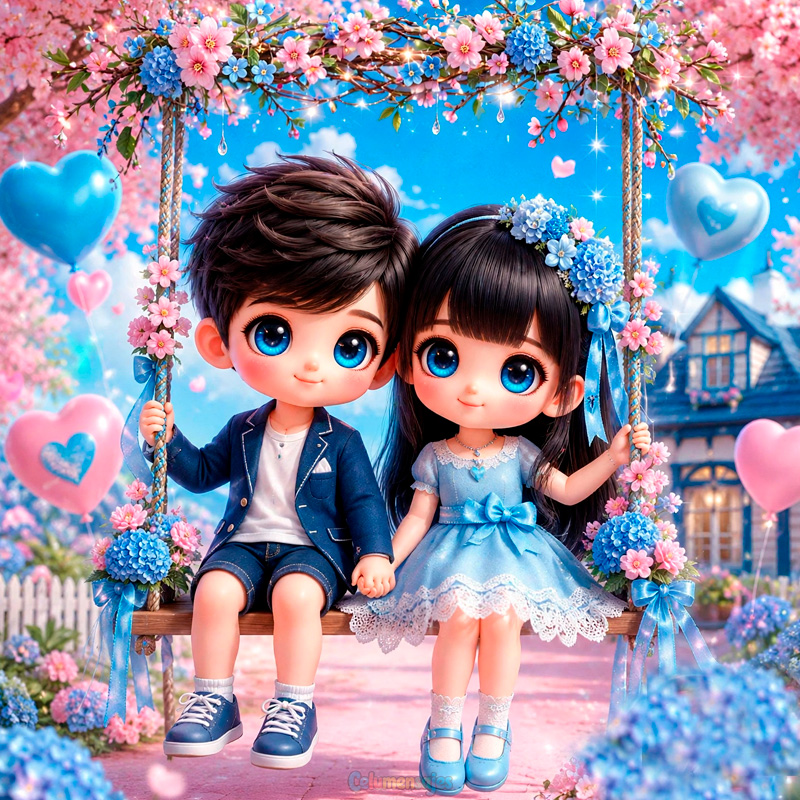 Pareja Infantil en Columpio con Flores