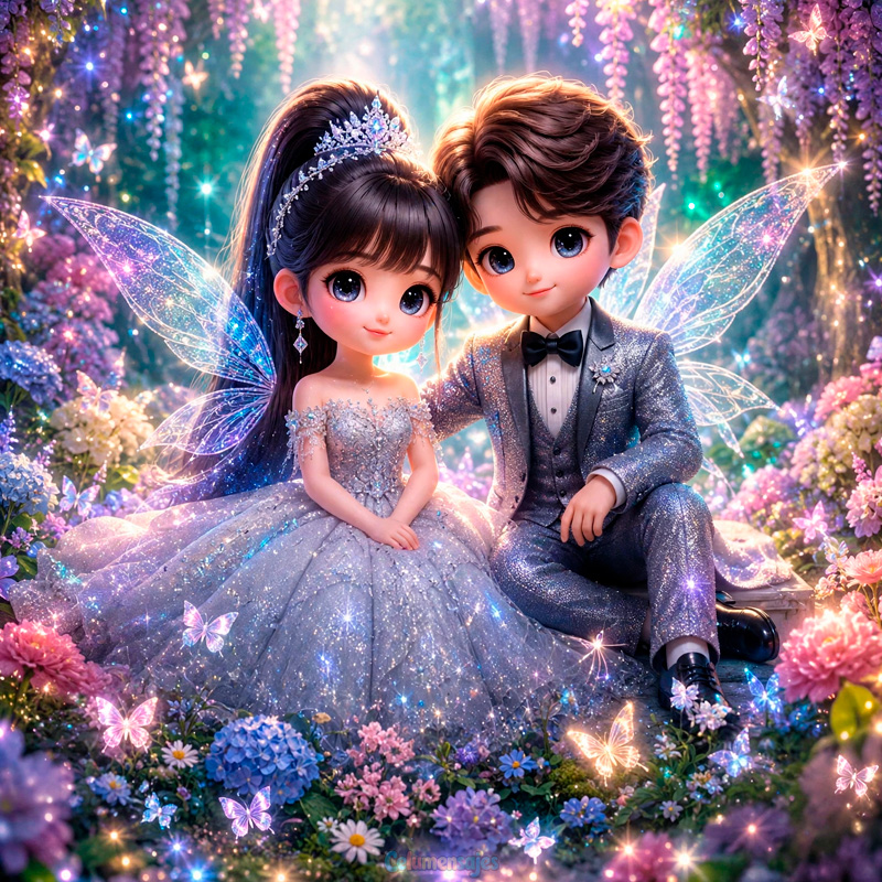Pareja de Hadas entre Flores Brillantes