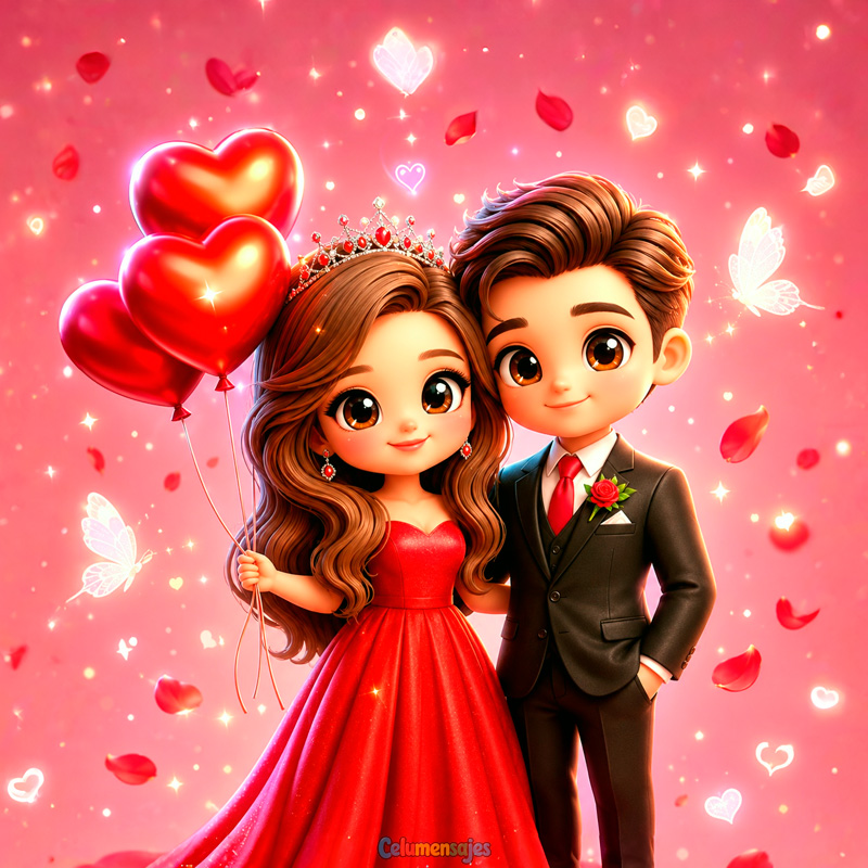 Pareja Elegante con Vestido Rojo y Globos de Corazón