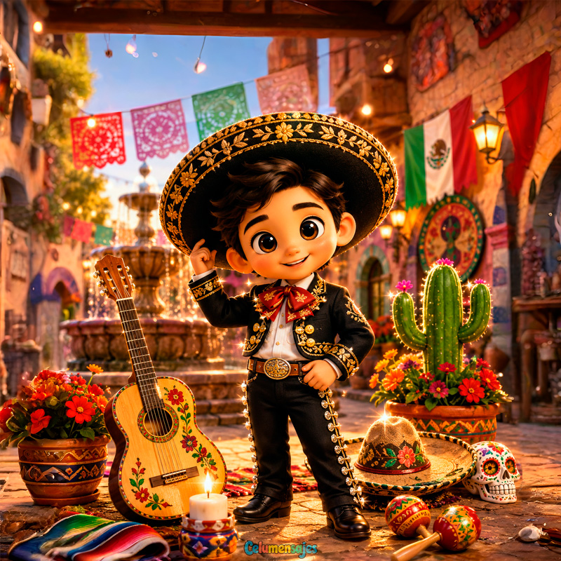 Niño Mariachi con Traje Negro y Guitarra