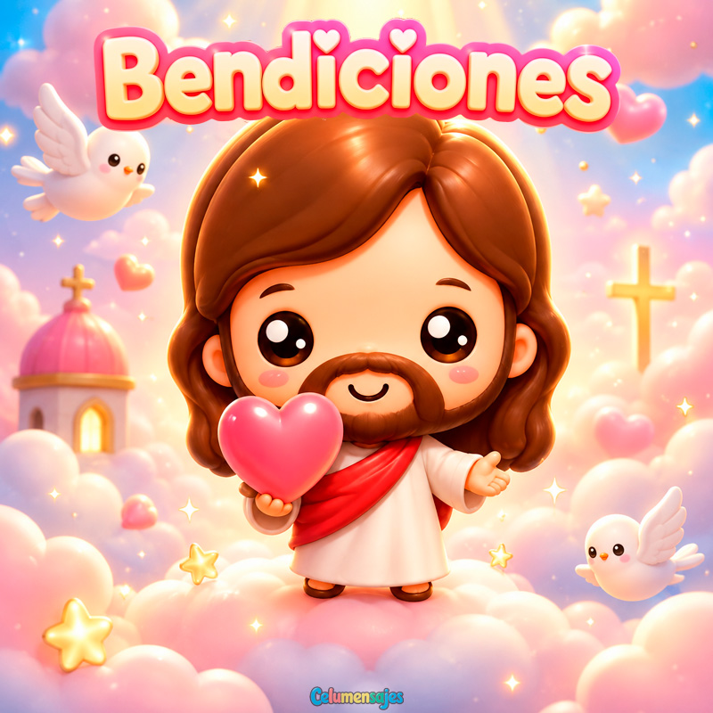 Jesús Kawaii con Palomas y Corazón