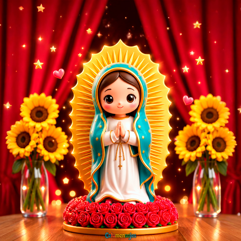 Virgen de Guadalupe Kawaii con Girasoles y Rosas