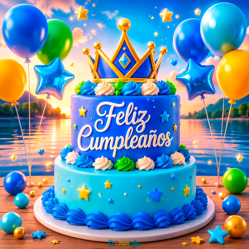 Pastel de Corona Azul y Globos de Cumpleaños