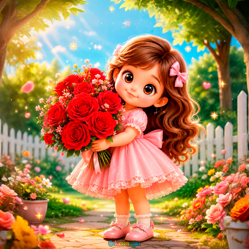 Niña con Vestido Rosa y Ramo de Rosas
