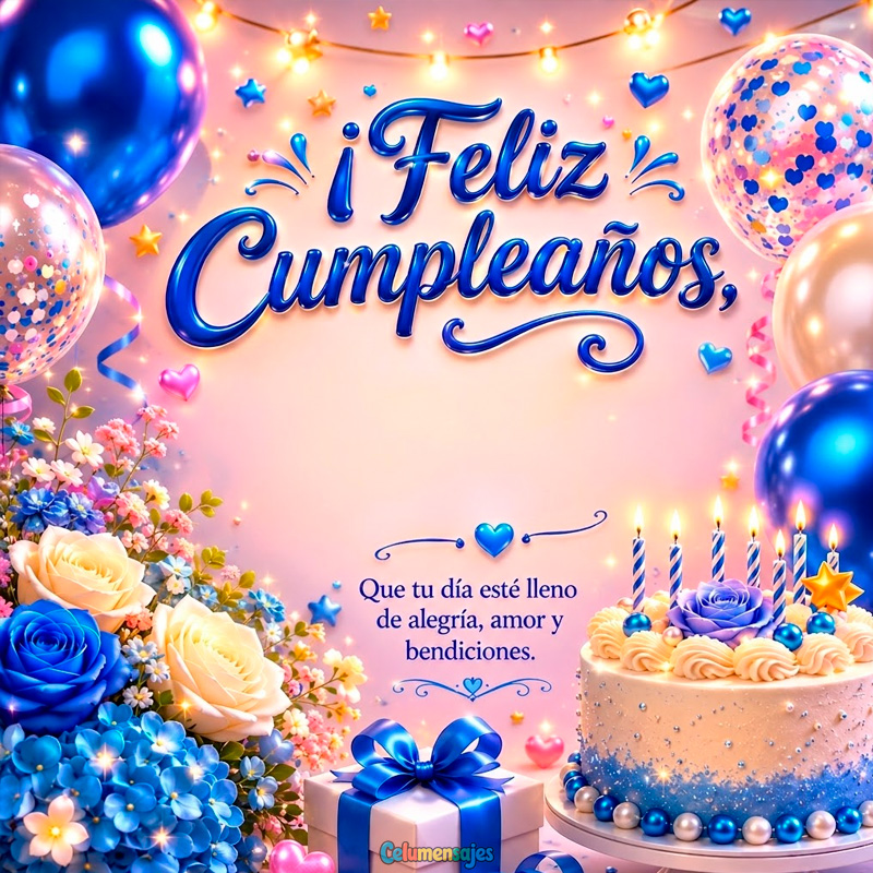 Feliz Cumpleaños con Pastel Azul y Rosas