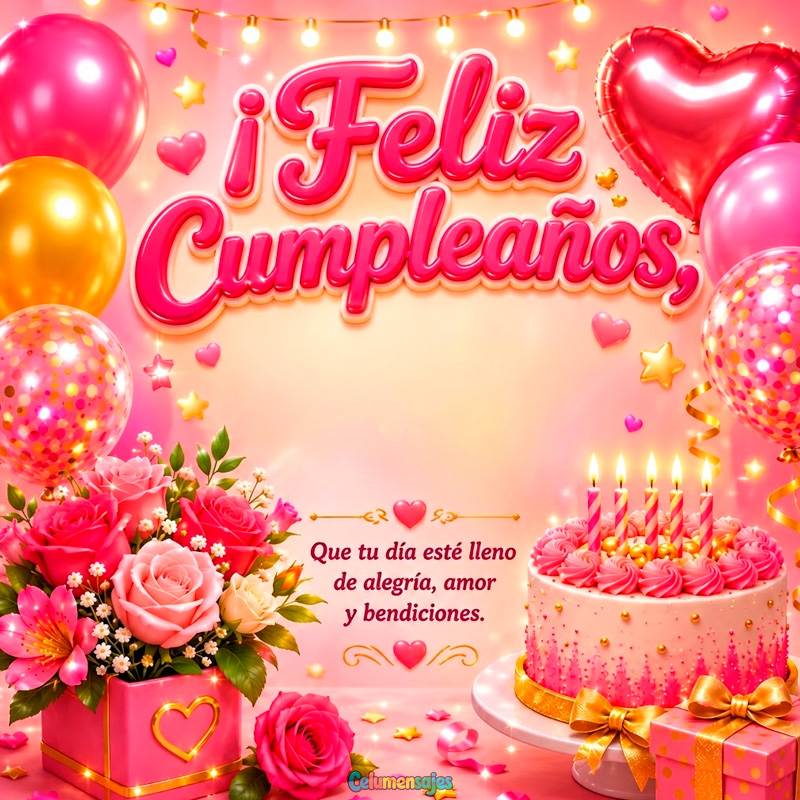 Feliz Cumpleaños con Pastel Rosa y Rosas