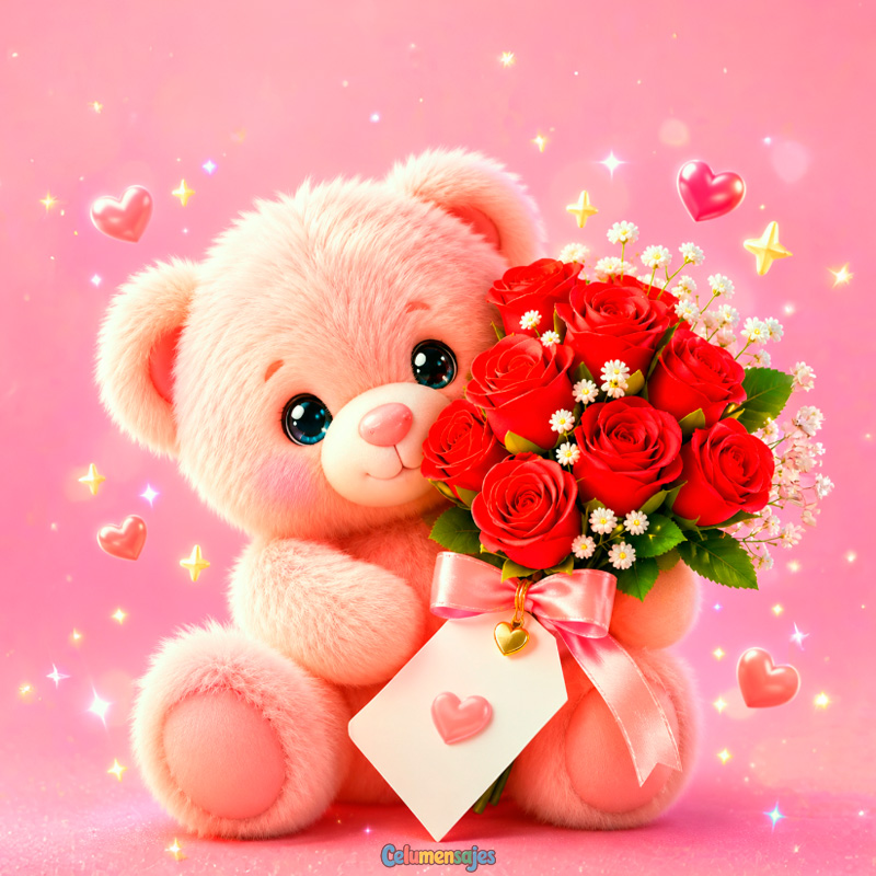 Osito Rosa con Ramo de Rosas Rojas