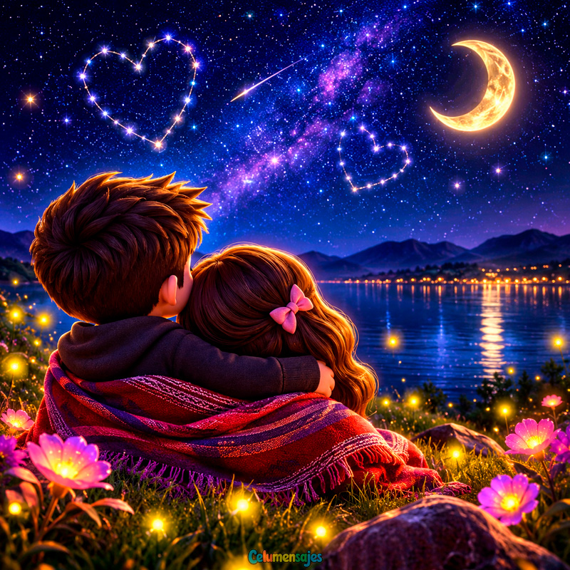 Pareja Abrazada Bajo la Luna y Constelaciones