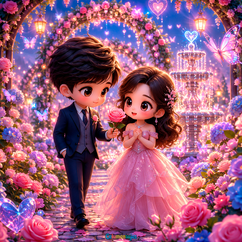 Pareja de Gala con Rosa en Jardín Encantado
