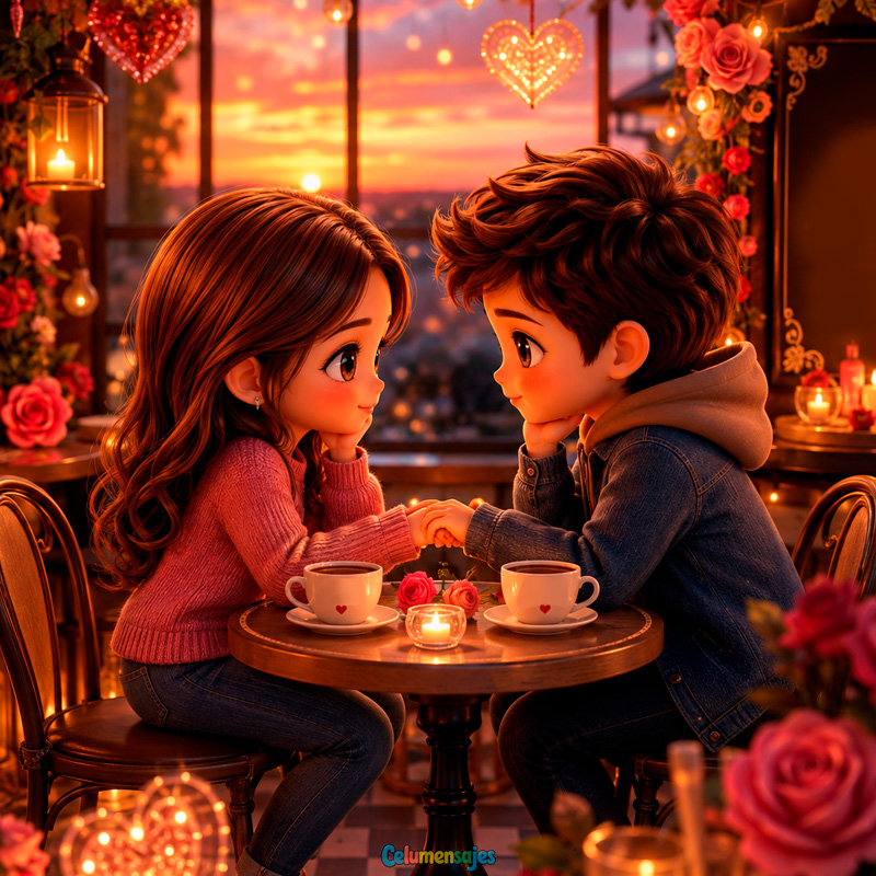 Pareja Romántica en Cafetería con Velas y Rosas