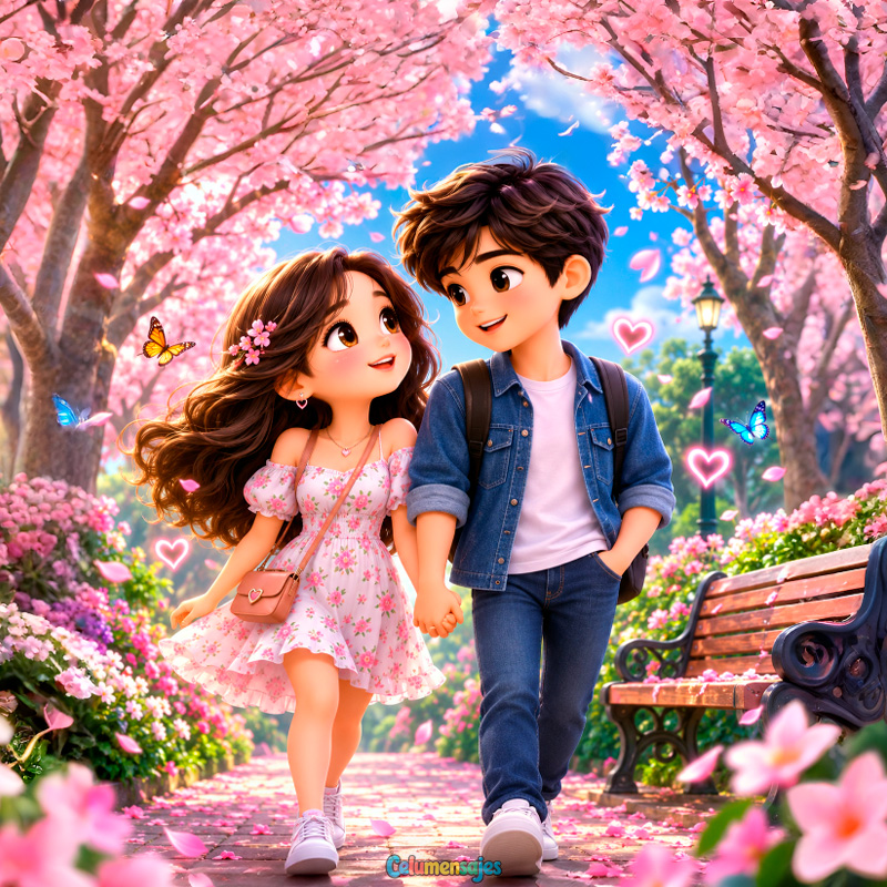 Pareja Caminando Bajo Cerezos en Flor