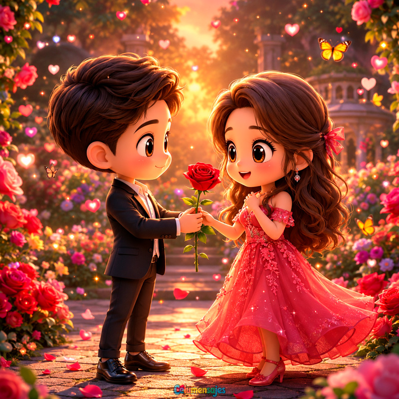 Pareja Elegante con Rosa Roja en Jardín al Atardecer