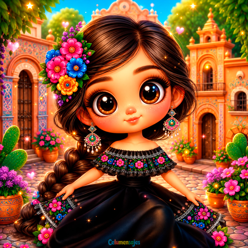 Muñeca Mexicana con Vestido Negro y Flores