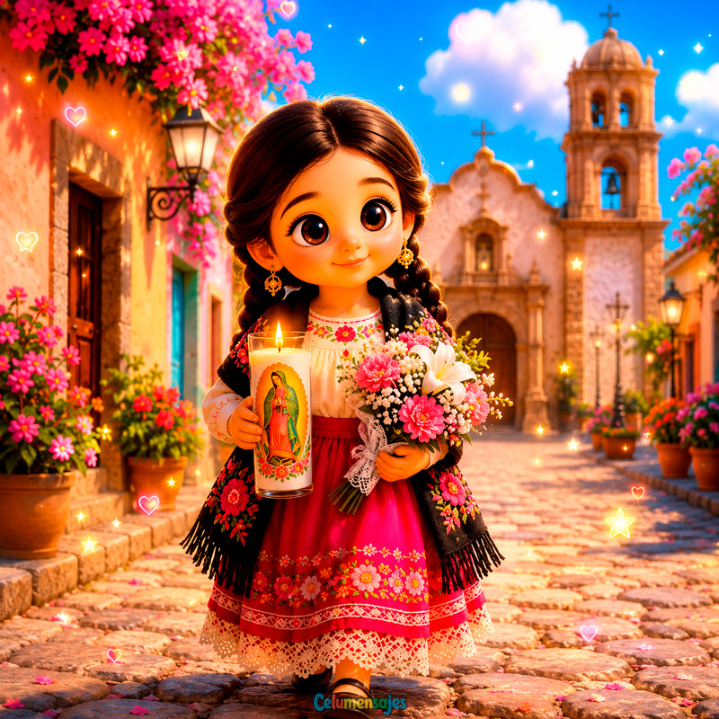 Niña Tradicional con Veladora de Guadalupe y Flores