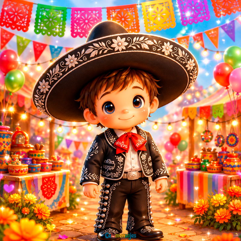 Niño Charro en Feria Mexicana con Papel Picado