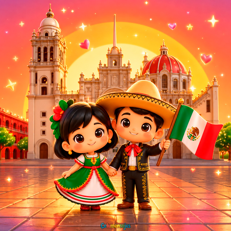 Pareja Mexicana con Bandera frente a la Catedral