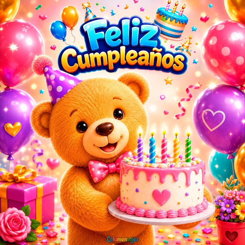 Osito con Pastel de Velas y Globos de Cumpleaños