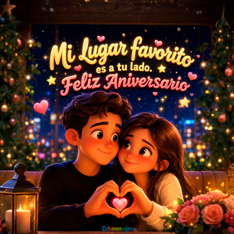 Pareja Romántica Feliz Aniversario con Farol y Luces