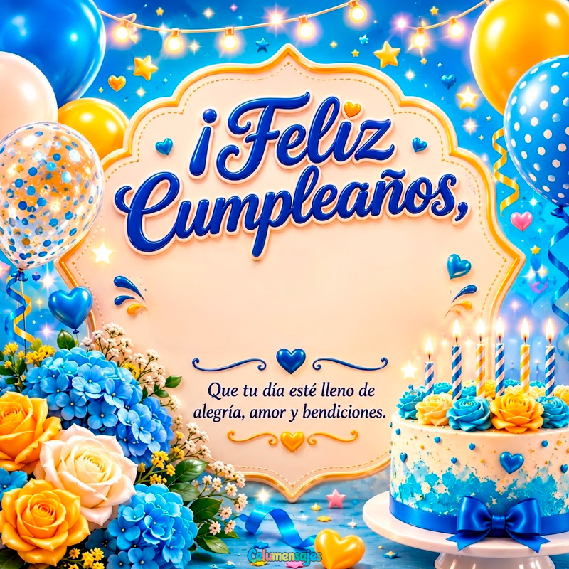 Feliz Cumpleaños con Pastel y Flores Azul y Amarillo