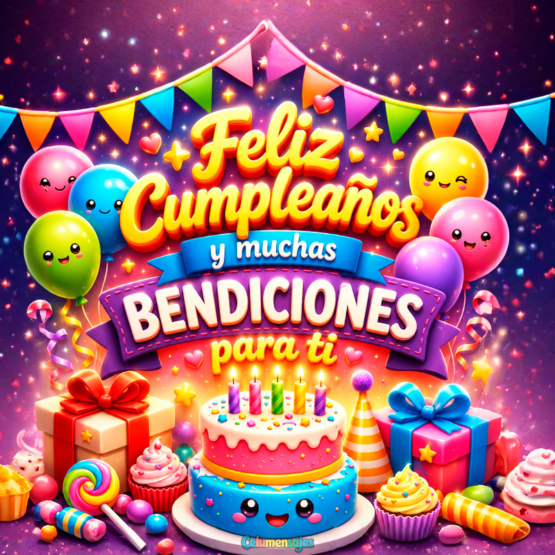 Feliz Cumpleaños y Bendiciones con Pastel Kawaii