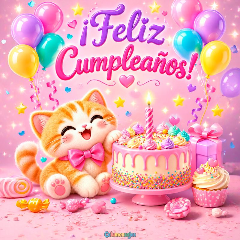Gatito con Pastel Rosa y Globos de Cumpleaños