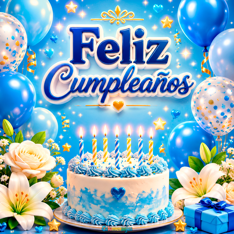 Feliz Cumpleaños en Azul con Pastel, Globos y Lirios Blancos