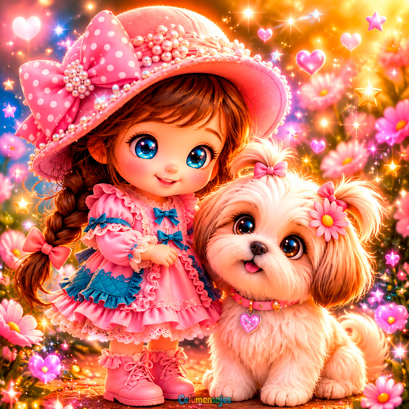 Muñequita Rosa con Perrito Shih Tzu Tierno