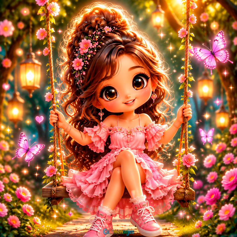 Muñeca en Columpio con Vestido Rosa y Mariposas