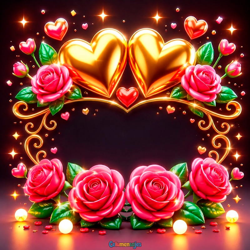 Corazones Dorados con Rosas Rojas y Marco Elegante