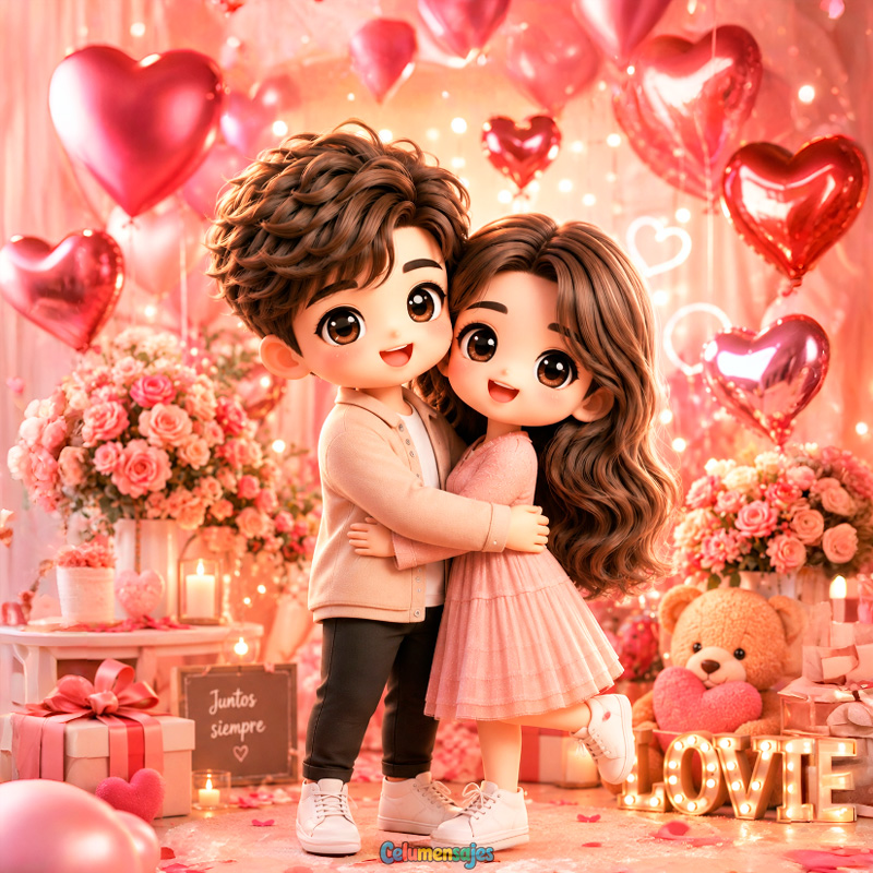 Pareja Romántica entre Globos de Corazón y Regalos