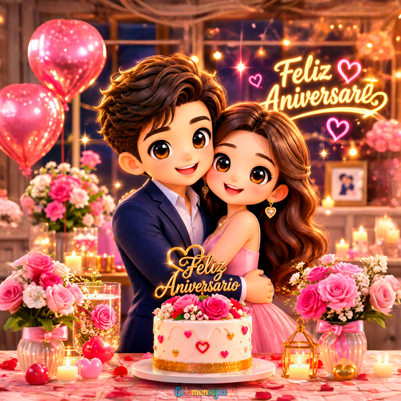 Pareja en Fiesta de Feliz Aniversario con Pastel y Rosas