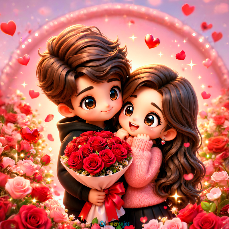 Pareja Infantil con Ramo de Rosas Rojas y Corazones