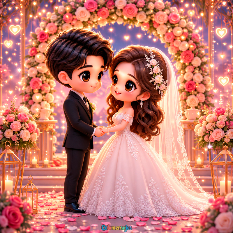 Boda de Pareja Infantil bajo Arco Floral con Luces