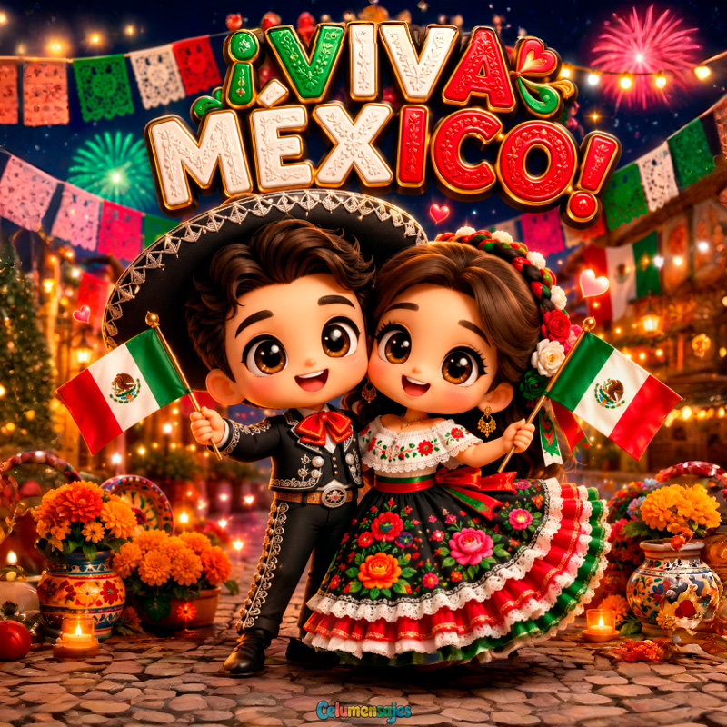 Pareja Mexicana Viva México con Banderas y Traje Típico