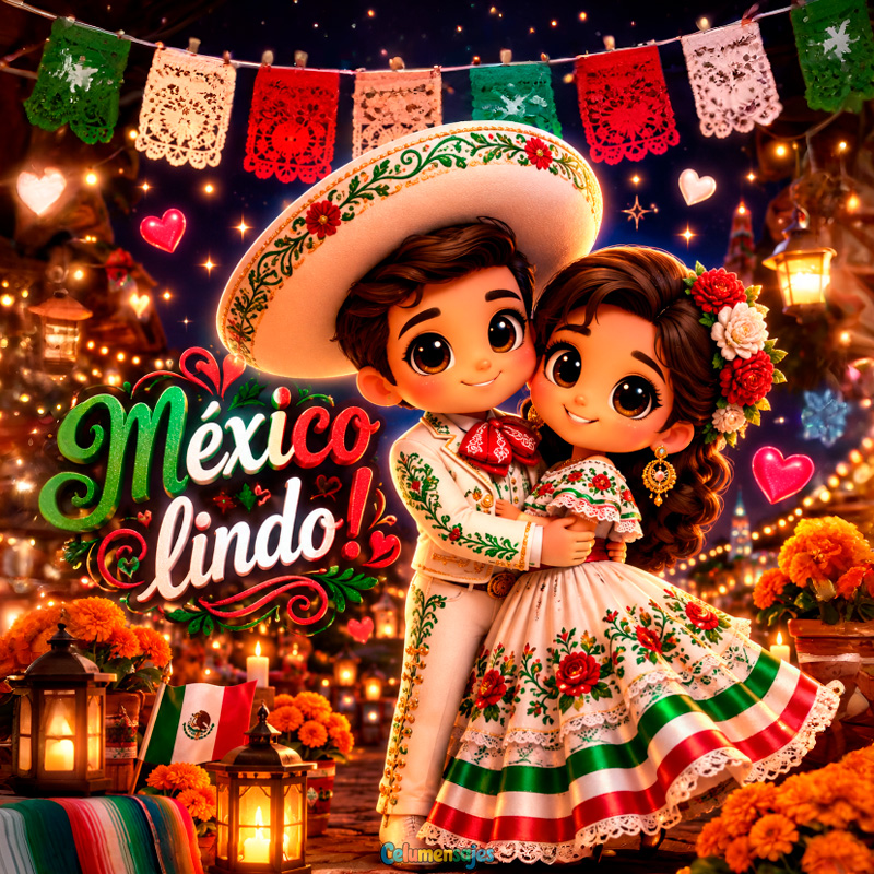 Pareja Infantil México Lindo con Trajes Típicos y Faroles