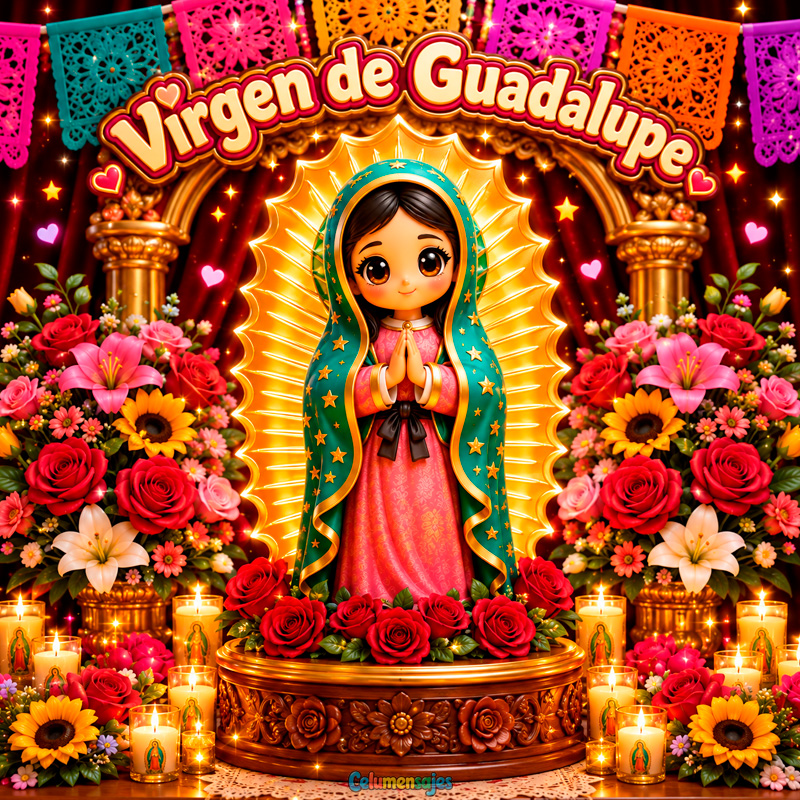 Virgen de Guadalupe Kawaii en Altar con Rosas y Velas