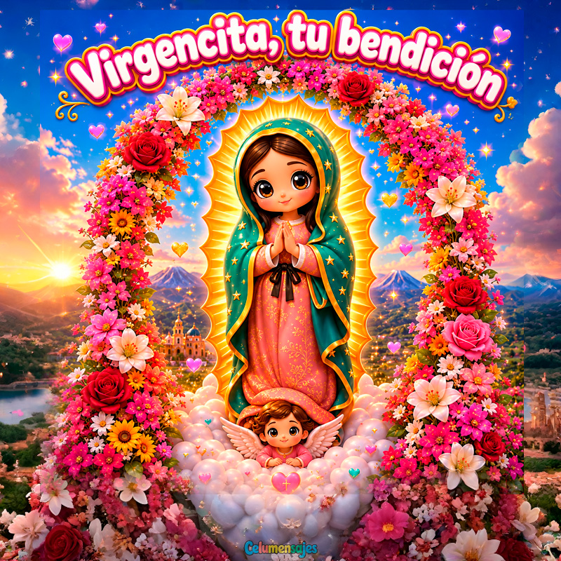 Virgencita tu Bendición Kawaii con Arco Floral y Paisaje
