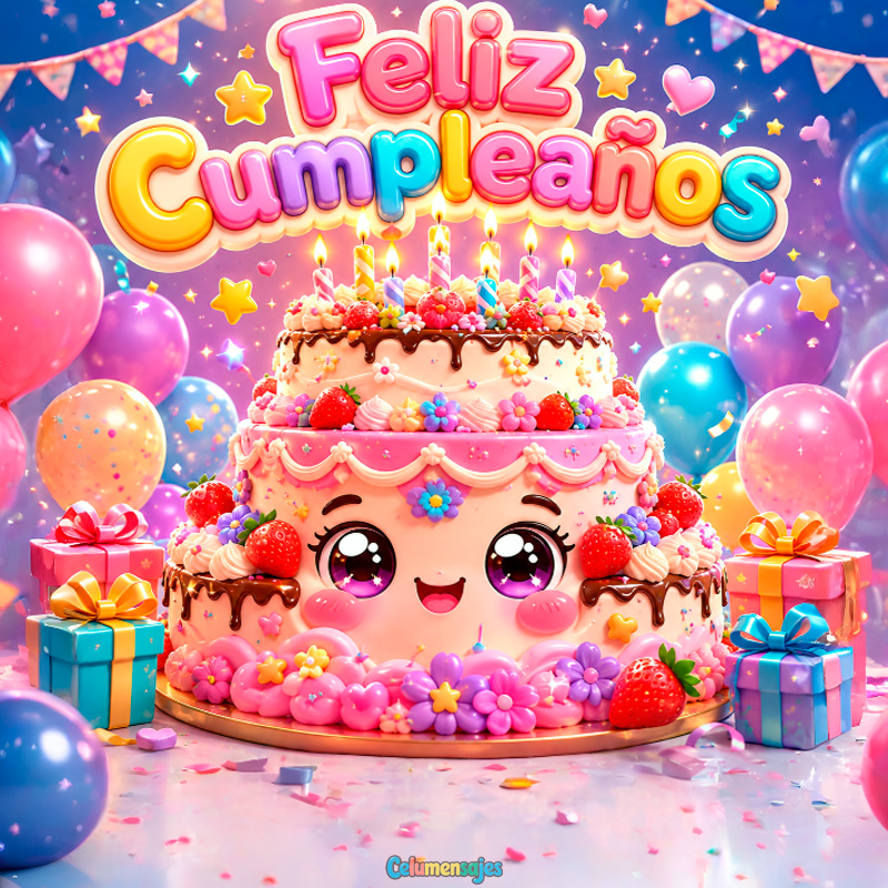 Pastel Kawaii de Fresa con Globos y Regalos