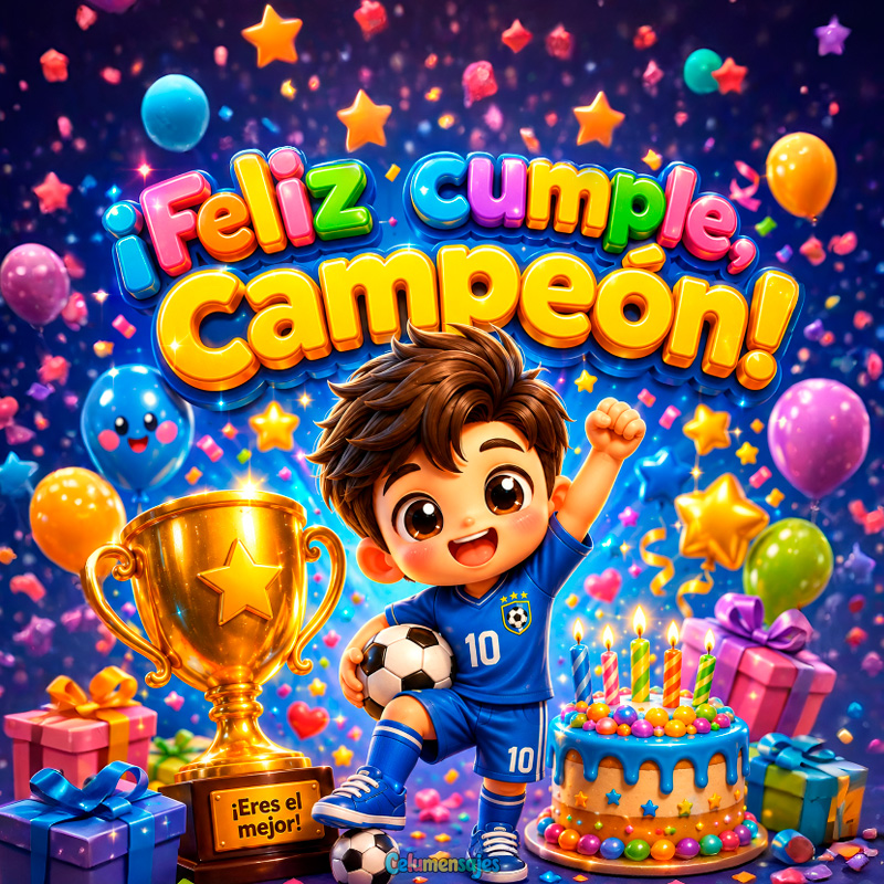 Niño Futbolista Campeón con Pastel y Trofeo