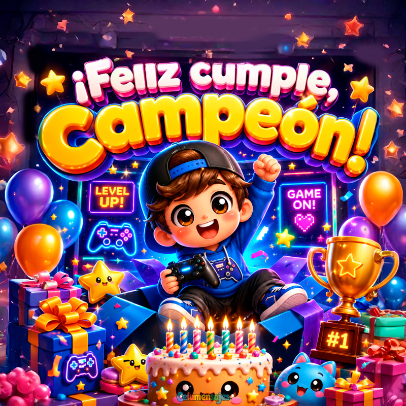 Niño Gamer Campeón con Pastel y Trofeo