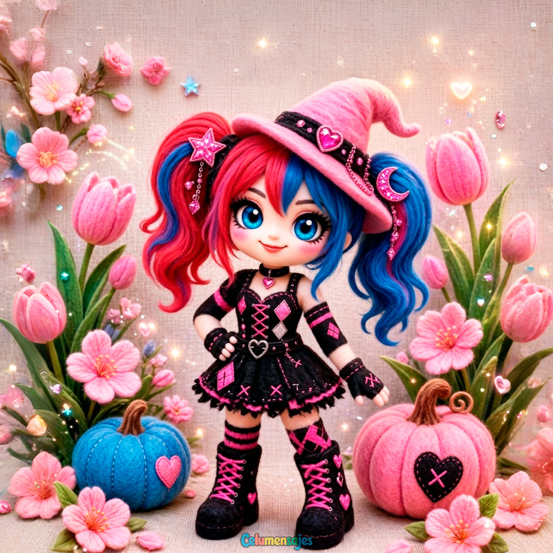 Muñeca Brujita Harley con Calabazas y Tulipanes